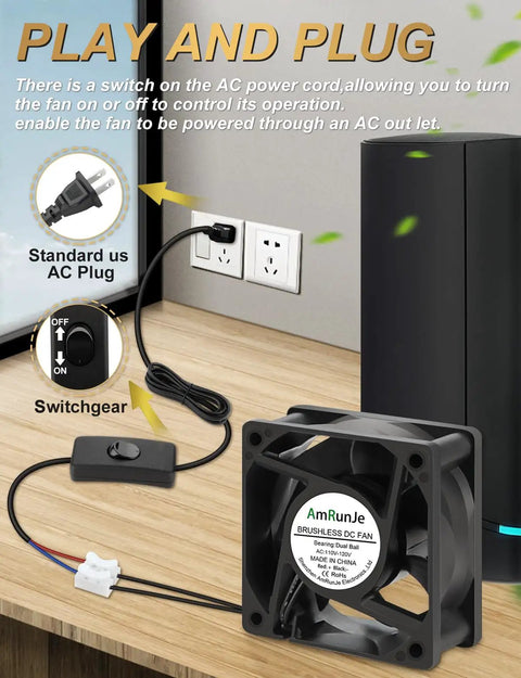 AC power plug and switch for Slick Compact EC Cooling Fan 120V With Dual Ball Bearing For Smooth Airflow In Tight Quarters Like Routers Modems And Campers Plug And Play Setup.