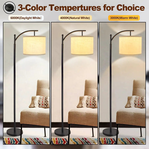 Three Head Arc Floor Lamp With Adjustable Arms Modern Farmhouse LED Standing Lamp With Hanging Drum Shades 3 color temperatures