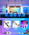 65 Foot Color Changing LED Light Strip With Remote And App Control for bedroom party setup, installation guide shown