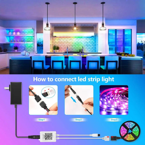 65 Foot Color Changing LED Light Strip With Remote And App Control for bedroom party setup, installation guide shown