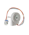 Fridge Evaporator Fan Motor WR60X10185 Replacement for Efficient Cold Air Circulation, shown in front view with wiring.