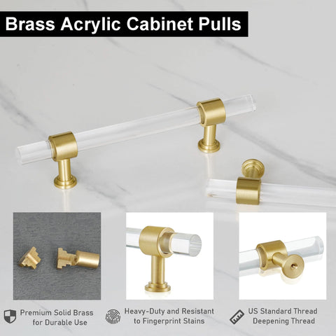 5 Pack Acrylic Cabinet Pulls With Brass Base Crystal Clear Glass Handles In Gold Finish for Modern Kitchens and Dressers