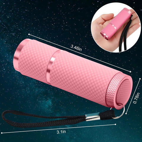 4 Pack Mini LED Flashlights With Straps, Aluminum Pocket Lights That Glow In The Dark, dimensions and black strap visible