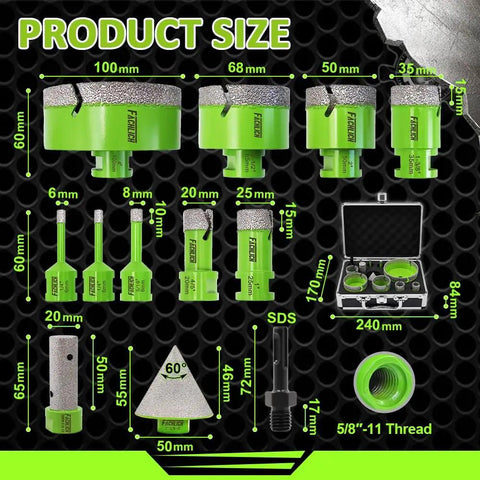 Porcelain Tile Diamond Core Drill Bit Set And Hole Saw Kit, 12 pieces showing various sizes and green finish