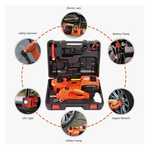 Badass 5 Ton Electric Floor Jack And 3 In 1 Hydraulic Car Lift Kit With Rapid Air Inflator And Turbo Impact Wrench in storage case.