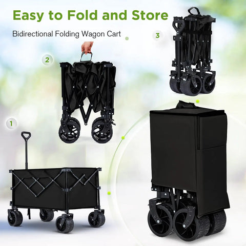 Heavy Duty Collapsible Wagon With 400 Lb Capacity For All Terrain Big Wheels Ideal For Sand Beach Camping Garden And Sports Folding Utility Cart Black shown folded and unfolded.