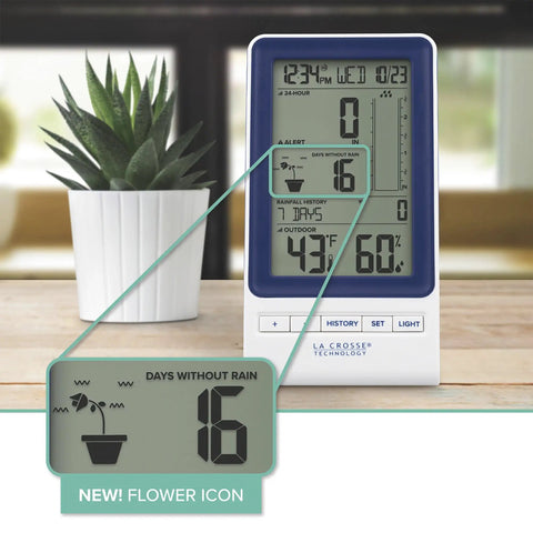 All-In-One Wireless Rain Gauge Weather Station With Indoor Outdoor Temperature And Humidity, Rainfall Tracking And History Readings, showing temperature, humidity, and days without rain on a display.