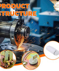 Industrial machine component in motion with production process highlights, focus on metallic product structure design and detail.