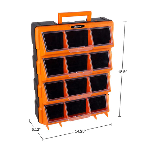 Hella Spacious Plastic Storage Drawers Heavy Duty Small Parts Organizer For Garage Workshop 12 Drawer Bins Sorter For Screws Nuts Bolts Crafting And Toy Blocks Black with transparent compartments.