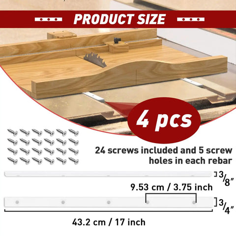 Table Saw Sled Made From Durable UHMW Plastic With Ultra Smooth Glide Pre Drilled Holes And Screws Included Measuring Three Quarters Inch By Three Eighths Inch By Seventeen Inches Ideal For U Tracks Miter Slots Router Tables And Bandsaws Four Bars with screws and dimensions outlined