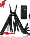 27 In 1 Multitool With Needle Nose Pliers, Screwdrivers, Fire Starter And Self Locking EDC Gear in black stainless steel with sheath