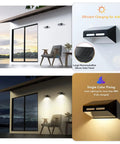 Solar Fence Lights 6 Pack With Warm White And RGB Color Glow Outdoor LED Wall Lights showing patio setup and efficiency details