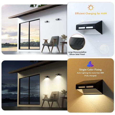 Solar Fence Lights 6 Pack With Warm White And RGB Color Glow Outdoor LED Wall Lights showing patio setup and efficiency details