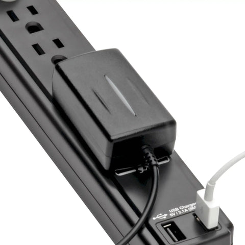 Six Outlet Surge Protector Power Strip With Six Foot Cord 990 Joules Dual USB Charging 2A Protects Workstations From Surges