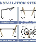 Installation steps for ceiling mounted bike rack for garage with space saving design, holds 2 bikes horizontally or 4 vertically.