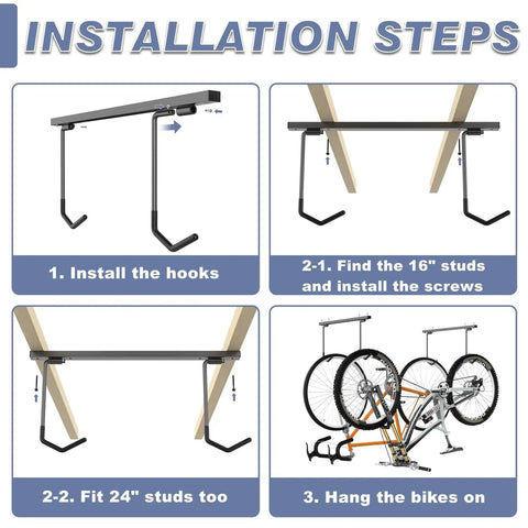 Installation steps for ceiling mounted bike rack for garage with space saving design, holds 2 bikes horizontally or 4 vertically.