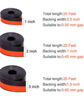 Three rolls of silicone weather stripping seal showing 1, 2, and 3 inch widths, each 20 feet long and in black color.