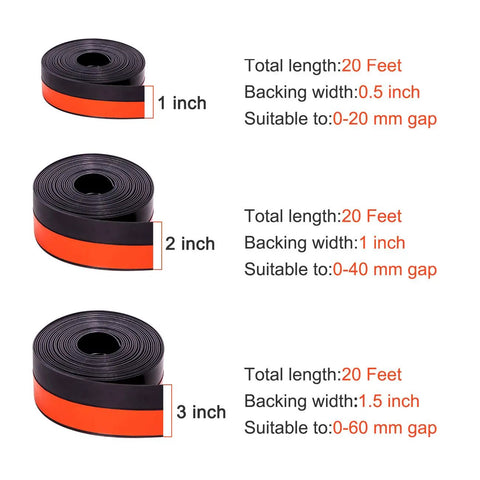 Three rolls of silicone weather stripping seal showing 1, 2, and 3 inch widths, each 20 feet long and in black color.