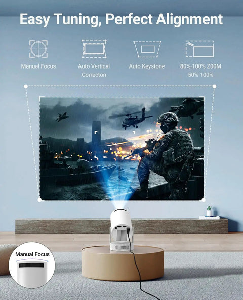 Ultra Portable Mini Projector With WiFi And Bluetooth 4K Ready 170 ANSI Auto Keystone 5W projecting movie scene