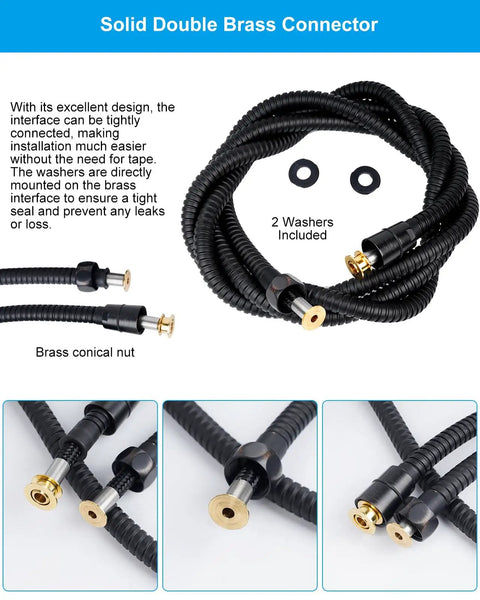 All Metal Shower Hose 90 Inch Stainless Steel Extra Long Replacement No Twist Flexible Bathroom Handheld Shower Hose Extension With Brass Insert And Nut Oil Rubbed Bronze Finish; solid brass connectors and washers.