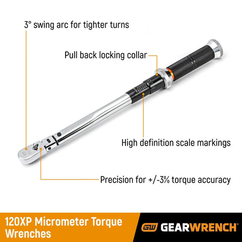 One Quarter Inch Drive 120XP Micrometer Torque Wrench With Thirty To Two Hundred Inch Pounds Range Enclosed Head For Dirt Resistance