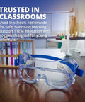 Kid Friendly Safety Goggles For Science And School Projects displayed in a classroom with test tubes and lab equipment.