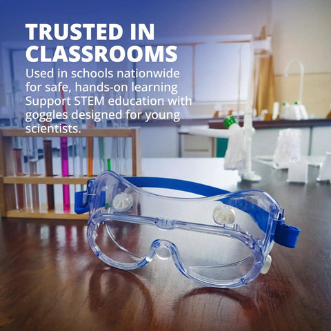 Kid Friendly Safety Goggles For Science And School Projects displayed in a classroom with test tubes and lab equipment.