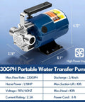 Heavy Duty Portable Electric Water Transfer Pump Moves 330 Gallons Per Hour With Low Suction Tech Featuring Complete Hose Kit For Draining Pools Or Rain Barrels No Stress Promise Keeps Water Flowing Smooth Daily, showing pump dimensions and technical details.