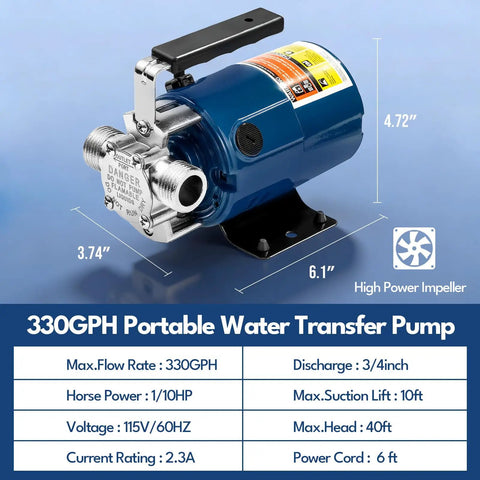 Heavy Duty Portable Electric Water Transfer Pump Moves 330 Gallons Per Hour With Low Suction Tech Featuring Complete Hose Kit For Draining Pools Or Rain Barrels No Stress Promise Keeps Water Flowing Smooth Daily, showing pump dimensions and technical details.