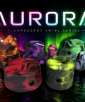Colorful resin guitar knobs from Aurora Fluorescent Swirl Series under vibrant lights, showcasing unique designs and colors.