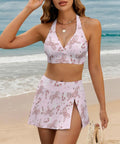 Model wearing Two Piece High Waist Bikini With Cute Bow Ties And Back Cutout Yacht Ready Swimsuit With A Flirty Side Slit Mini Skirt