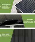 Details of 6 X 3 Ft Horizontal Metal Shed with sloping roof, easy lift hinges, and lockable doors for outdoor storage of garden tools and bikes.