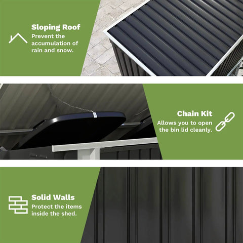 Details of 6 X 3 Ft Horizontal Metal Shed with sloping roof, easy lift hinges, and lockable doors for outdoor storage of garden tools and bikes.