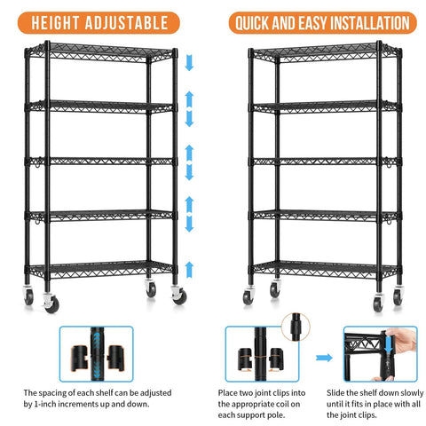 Heavy Duty 5 Tier Wire Shelving Unit With Beefy Rolling Casters Adjustable Black Metal Storage Rack NSF Certified 1900 Lbs Capacity 36 By 14 By 72 Inches Hella Sturdy Storage Setup For Garage Or Kitchen