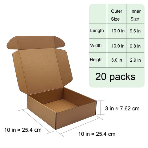 Heavy Duty 20 Pack Of 10X10X3 Inch Brown Corrugated Cardboard Shipping Boxes With Smooth Finish Edges for efficient shipping.