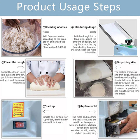 Game Changing Electric Automatic Dumpling Wrapper Maker With 8Cm Round Mold And Rock Solid 140W Motor showing product usage steps.