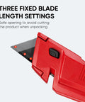 Close-up of red handle showing blade settings on Heavy Duty Utility Knife Set Two Piece Box Cutter With Quick Open Button Lock Razor Knife.