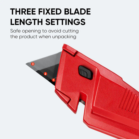 Close-up of red handle showing blade settings on Heavy Duty Utility Knife Set Two Piece Box Cutter With Quick Open Button Lock Razor Knife.