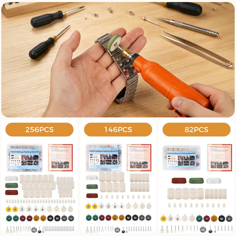 Tough As Nails One Eighth Shank Rotary Tool Polisher And Buffing Kit with polishing wheel on watch wrist.