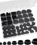 Awesome 125pc Silicone Rubber Hole Plugs Kit With 8 Sizes For Furniture And Auto Wiring. Durable Snap-Fit Round Stopper Grommets In Black. Heavy Duty Assortment Set Perfect For Sealing Holes. open case with black silicone plugs and grommets in sizes