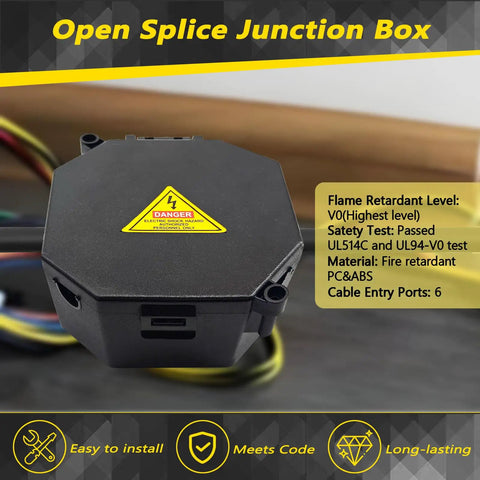 Black Open Splice Junction Box 2 Pack With Cover For Easy Electrical Splices And Wire Junctions V0 Flame Retardant Rated