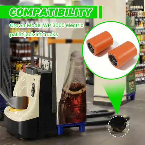 Heavy Duty Load Wheel Kit For Crown WP 3000 Electric Pallet Jack Lift Truck featuring polyurethane wheels and compatibility detail.