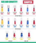 Insulated Spade Crimp Connector Kit 300Pcs with male and female spade, fork, and ring connectors displayed by size and type.
