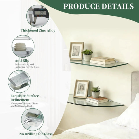 Premium Zinc Alloy Glass Shelf Brackets And Wall Mount Clamps An 8 Piece Heavy Duty Set showcasing thickened zinc alloy features and anti-slip design.