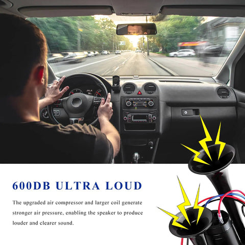 Hella Loud Badass 12V Car Air Horn With Integrated Compressor And Dual Trumpets Super 120dB in a car driver's interior.