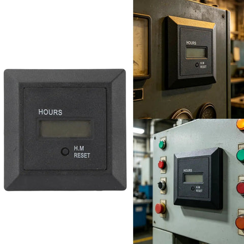 Panel Mount Industrial Hour Meter With Front Digital Hours Display ABS Housing For Runtime Tracking And Maintenance Logs Machine Run Time Counter Built To Last Rugged Industrial Timer For Equipment showing close-up and installation view.