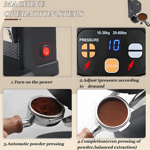 Automated Coffee Tamper 58Mm Commercial Portafilter Adjustable Pressure control screen and operation steps for optimal brewing.