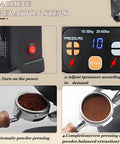 Automatic 58mm Electric Coffee Tamper With Adjustable Height And Solid 22 To 66 Lbs Pressure For Nailed Down Espresso Shots At Home Or Neighborhood Cafe machine operation steps display with buttons and coffee grounds.