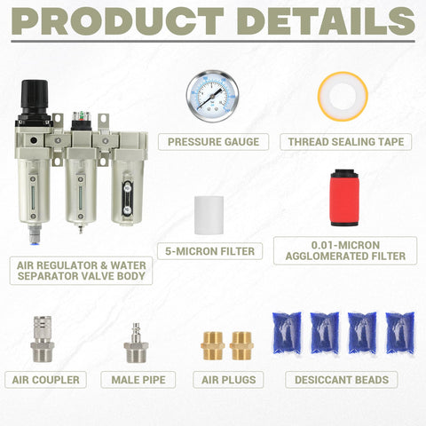 Beefy Pro Grade Three Quarter Inch NPT Industrial Three Stage Air Dryer components with filters, regulator, and fittings.