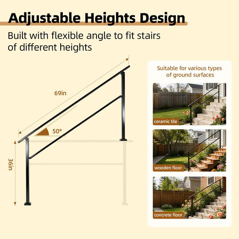 Adjustable Heavy Duty Outdoor Handrails For 5 Step Exterior Stairs Solid Wrought Iron Railing with 50-degree angle design.